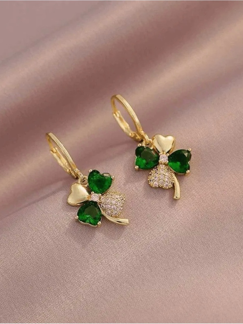 Gold Shamrock ☘️ Clover Drop Earrings with Green Heart 💚 Stones - Picture 2 of 4
